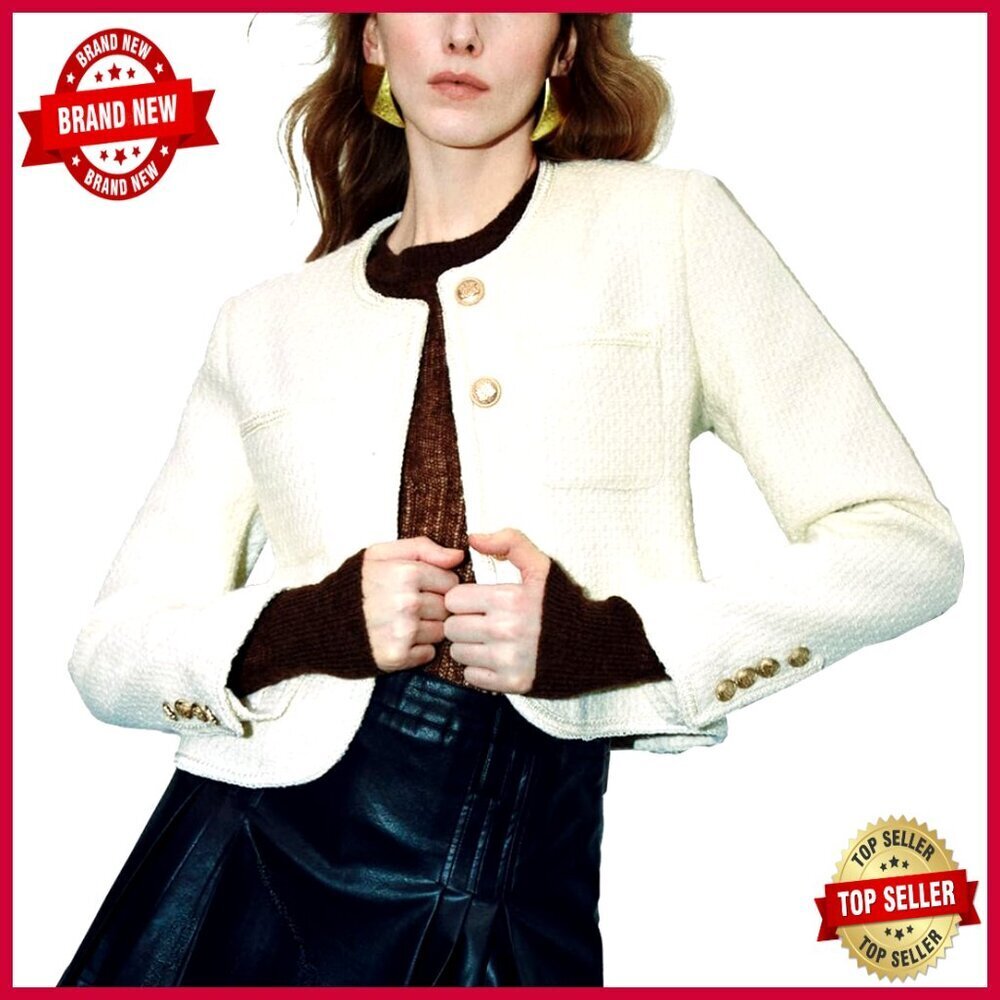 Cropped Tweed Blazer Slim Fit Long Sleeve Business Casual Jacket Pocket